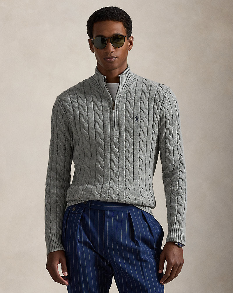 Cable-Knit Cotton Quarter-Zip Jumper Fawn Grey Heather