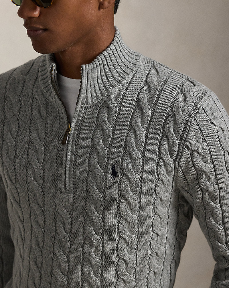 Cable-Knit Cotton Quarter-Zip Jumper Fawn Grey Heather