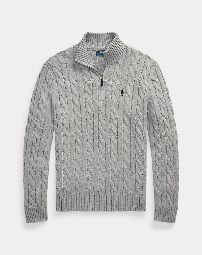 Cable-Knit Cotton Quarter-Zip Jumper Fawn Grey Heather