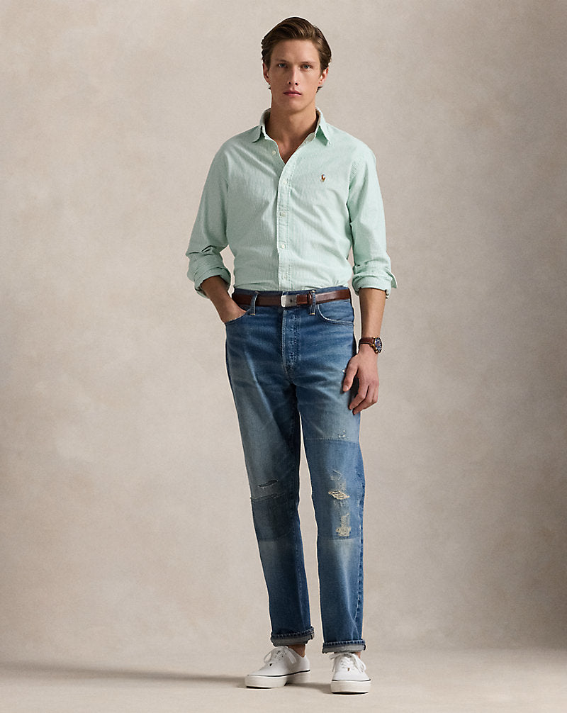Custom Fit Striped Oxford Shirt Summer Emerald/Whit