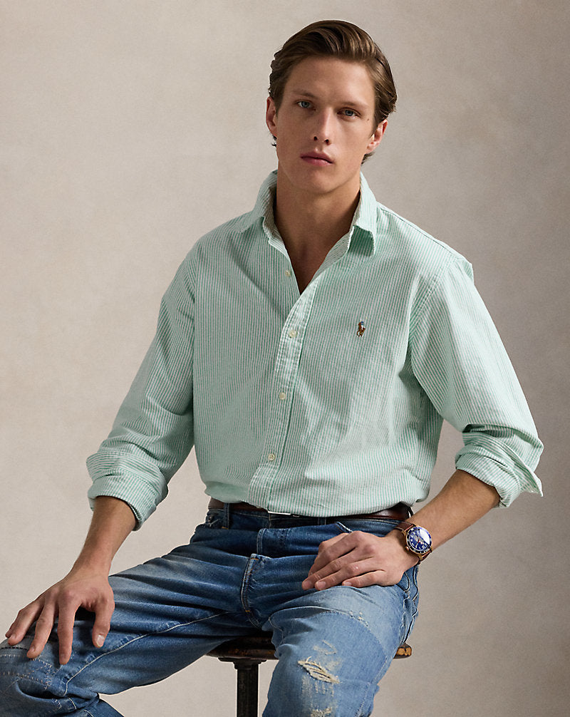 Custom Fit Striped Oxford Shirt Summer Emerald/Whit