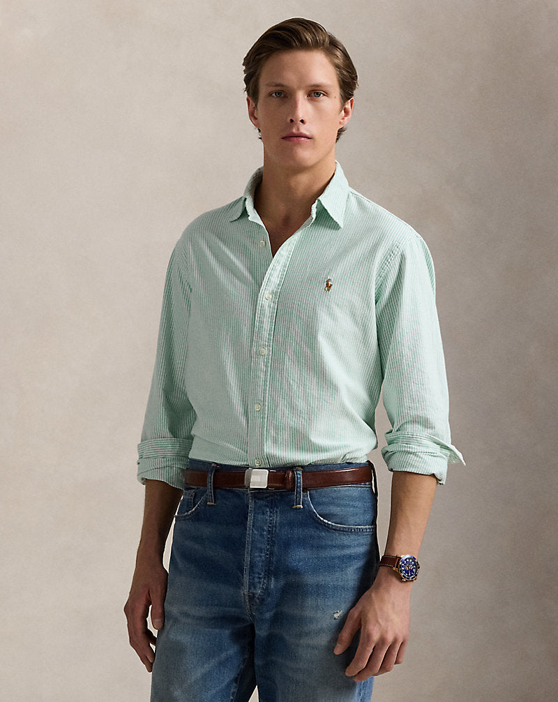 Custom Fit Striped Oxford Shirt Summer Emerald/Whit