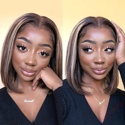 Straight Bob Wig Brown Mixed Blonde Highlights Wig