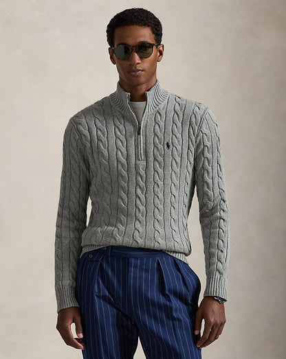 Cable-Knit Cotton Quarter-Zip Jumper Fawn Grey Heather