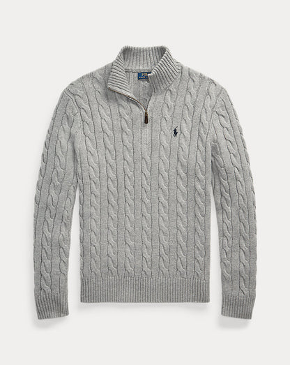 Cable-Knit Cotton Quarter-Zip Jumper Fawn Grey Heather
