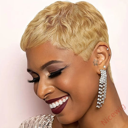Glueless Golden Straight Hair Short Pixe Cut Wig
